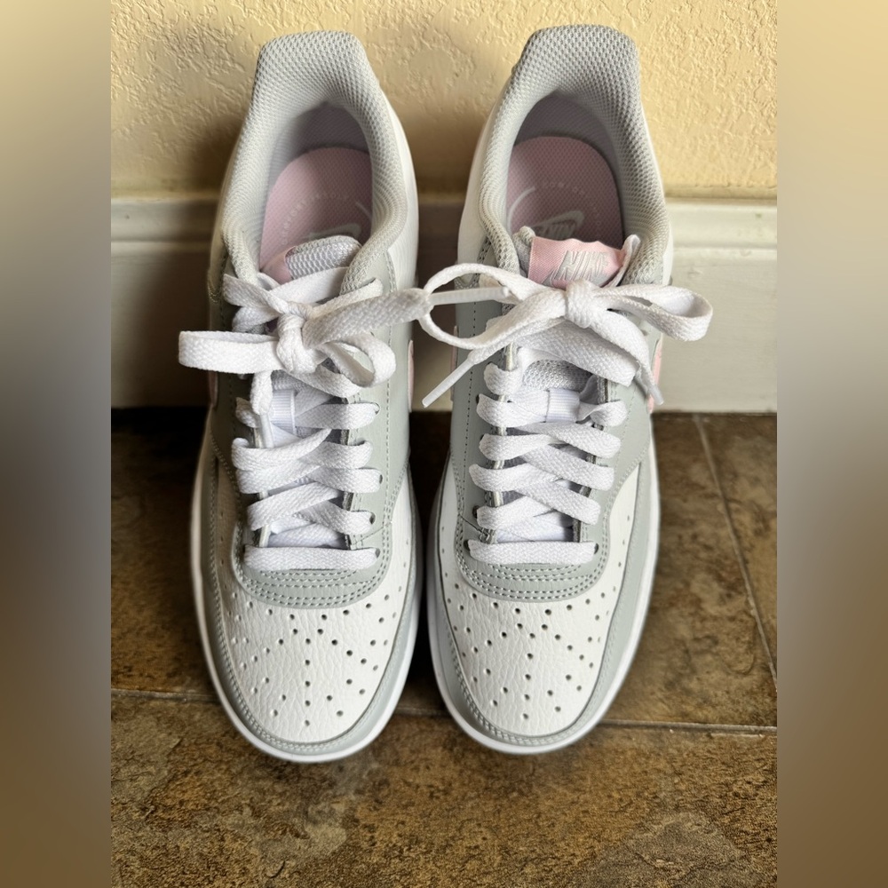 Nike Women's Court Vision Low Sneaker.White, Gray, Light Pink leather size 7.5